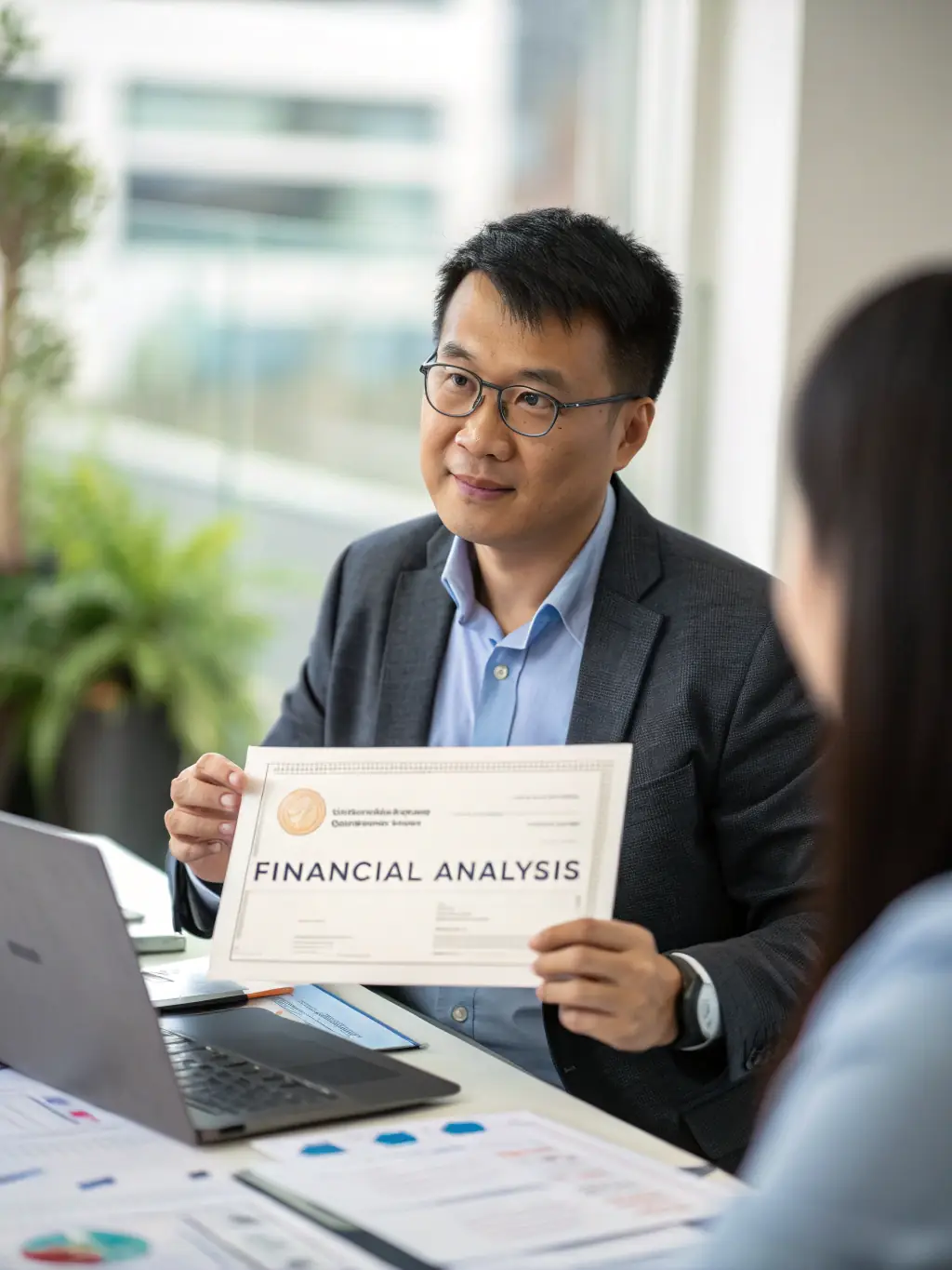 A professional in a suit reviewing a detailed regulatory document in a modern office setting, symbolizing meticulous compliance work.
