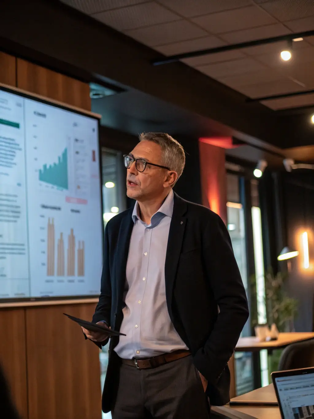 A senior financial analyst is presenting a complex financial model using FinusComply's premium plan features on a large screen to a group of executives in a boardroom.