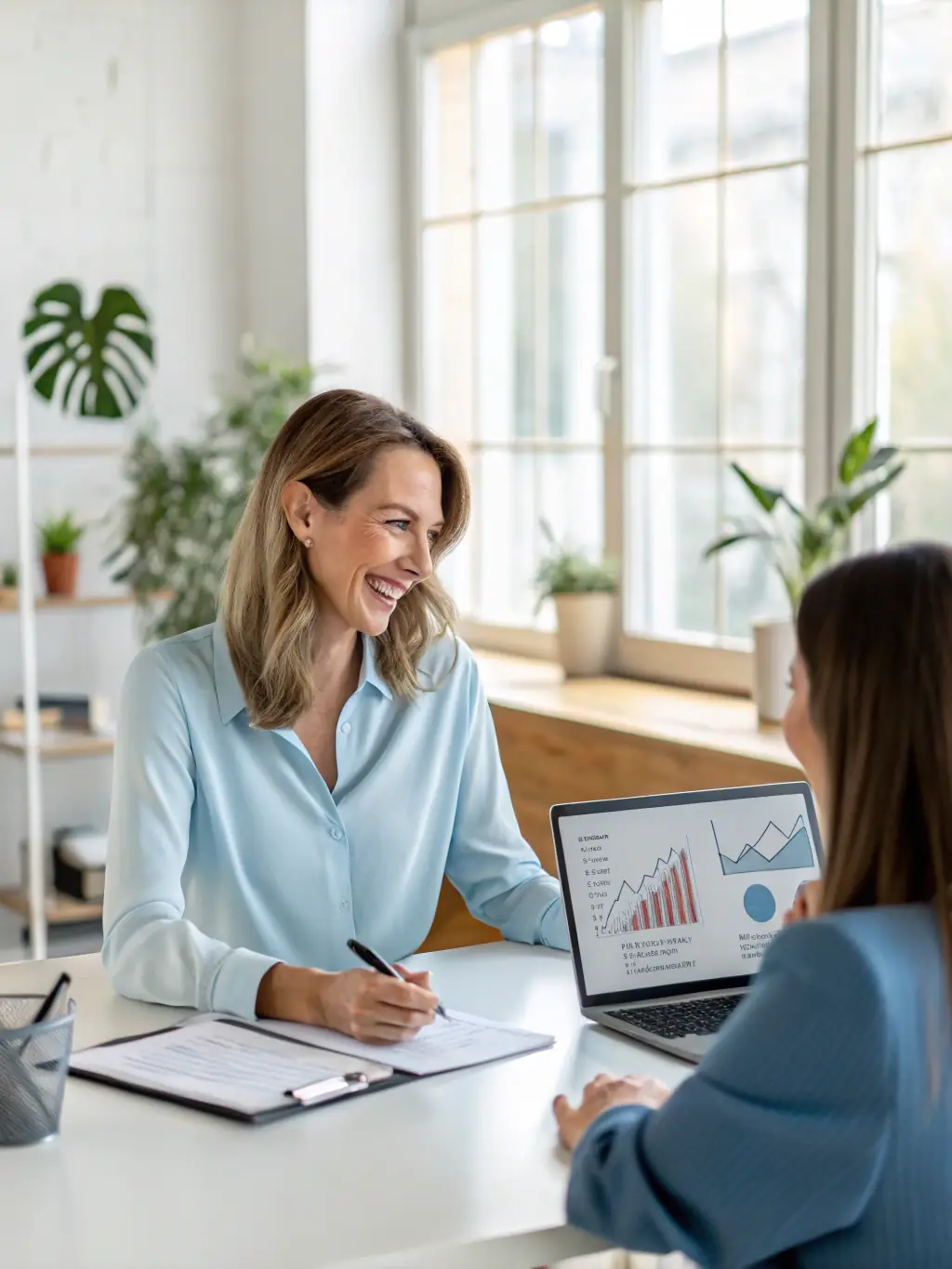 A professional finance expert is explaining the benefits of a FinusComply's basic plan to a young professional in a modern office setting. The expert is pointing to a tablet displaying key features.